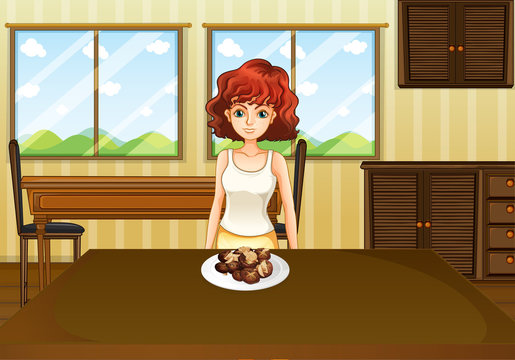 A sexy girl standing in front of a table with food