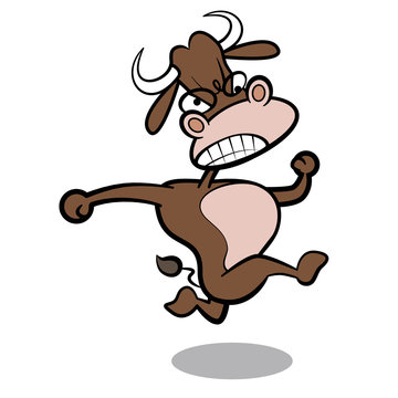 humor cartoon bull running with white background