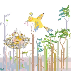 Papier Peint photo Lavable Oiseaux dans la forêt oiseau nourrissant les poussins