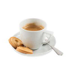 Cup of coffee with butter cookies isolated