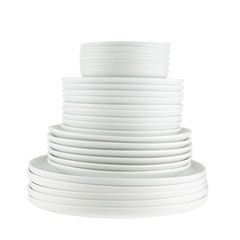 Pile of clean white dish plates isolated