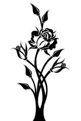 Black silhouette of branch with rose and buds. Vector.