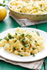 Pasta with cheese, lemon peel and pastry