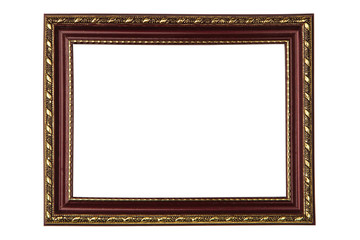 Dark brown wooden picture frame with golden pattern, isolated on