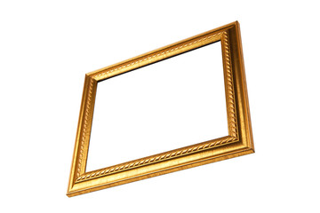 Thin golden frame with blank space.  View  from side. Isolated o