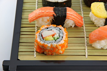 Sushi made ​​from Crab Meat on a bamboo dish.
