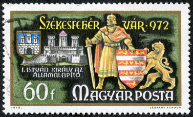 tamp printed in Hungary, shows King Stephen and shield