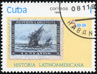 old stamp and emblem "Discovery of America 500 anniversary"