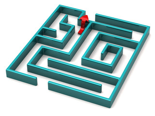 Red arrow and maze isolated on white background