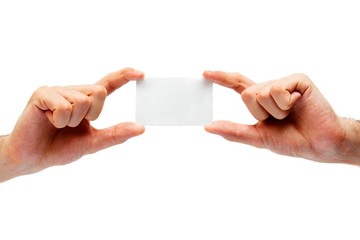 Blank business card in the hands of a businessman. isolated on w