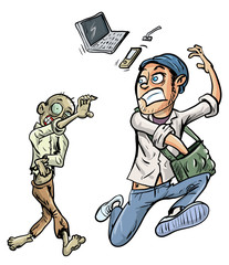 Zombie chasing a survivor isolated on white