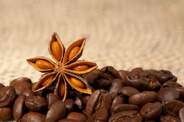 Coffee and Star Anise on sackcloth background with copyspace