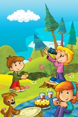 Naklejka premium Picnic in the woods - illustration for the children