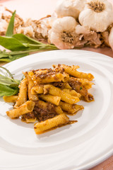 Maccheroni al pettine con ragù di selvaggina, close-up