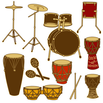 Isolated icons of drum kit and percussion