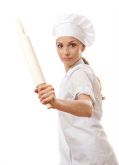 Baker / Chef woman holding baking rolling pin, isolated on white