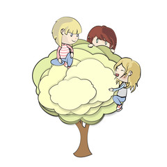 Kids holding tree on white background. 