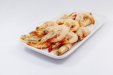 Boiled shrimp on white background.