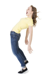 Young shouting caucasian teen bending under the wind