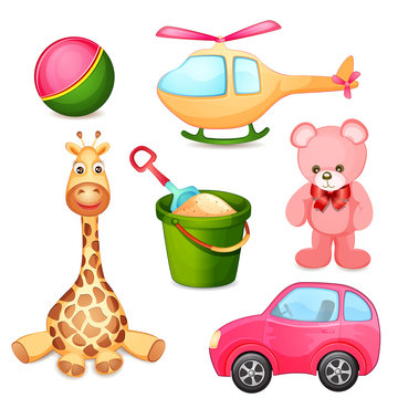Illustration of various toys on a white background