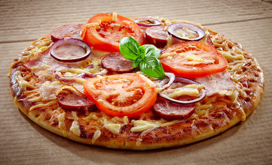 Salami and tomato pizza