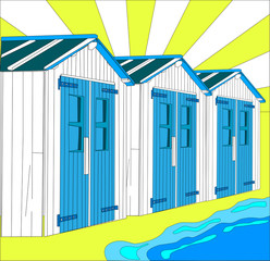 illustration of dutch little houses on beach, The Netherlands