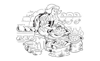 Cinderella sorting beans by the fireplace