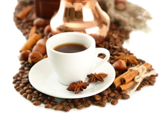 Cup and pot of coffee and coffee beans, isolated on white