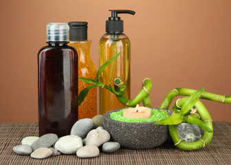 Still life with green bamboo plant and stones,