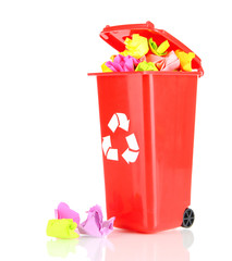 Recycling bin with papers isolated on white