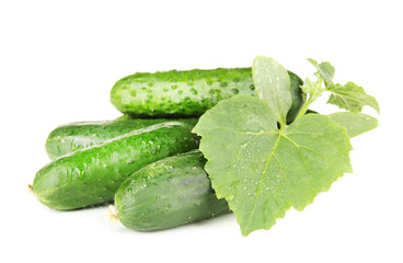 Tasty green cucumbers, isolated on white