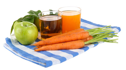 Glasses of juice, apples and carrots, isolated on white