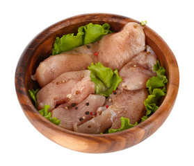Chicken meat in wooden bowl isolated on white