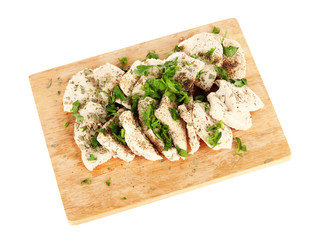 Boiled meat on board isolated on white