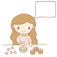 Girl Baking A Cake White Bubble For Your Text