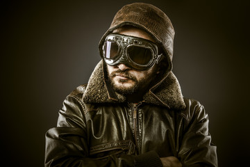 Fighter pilot with hat and glasses era, vintage - obrazy, fototapety, plakaty