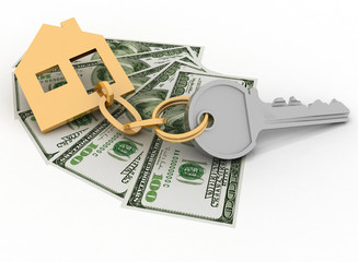 house key and dollars on the white background