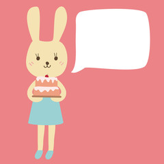 Rabbit Cartoon Holding A Birthday Cake With Bubble Space For You