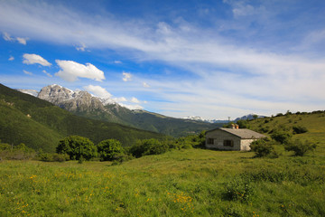Fototapeta na wymiar Mountain landscape with little house