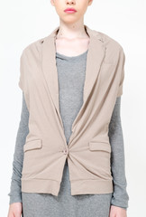Woman wearing fashion clothes on gray