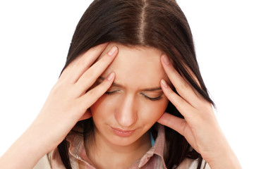 Fototapeta premium Young woman with head pain on white background