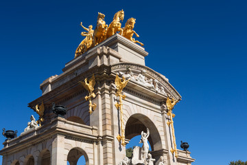 Barcelona ciudadela park lake fountain with golden quadriga of A