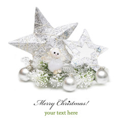 Silver Christmas bauble,star and angel on white background
