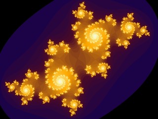 Two yellow fractal spiral on a blue background