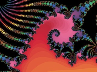 Patterned fractal spiral on a red background