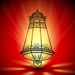 Illuminated decorated Arabic lantern on shiny background, conce