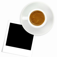 Cup of espresso coffee and photo frame isolated on white