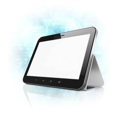 Black abstract tablet computer (tablet pc) with stand on digital