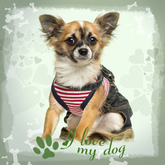 Dressed up Chihuahua sitting on green heart background, 9 months
