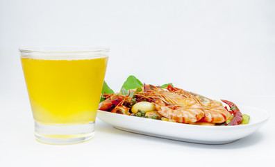 Prawns stir fried with chili and herb.